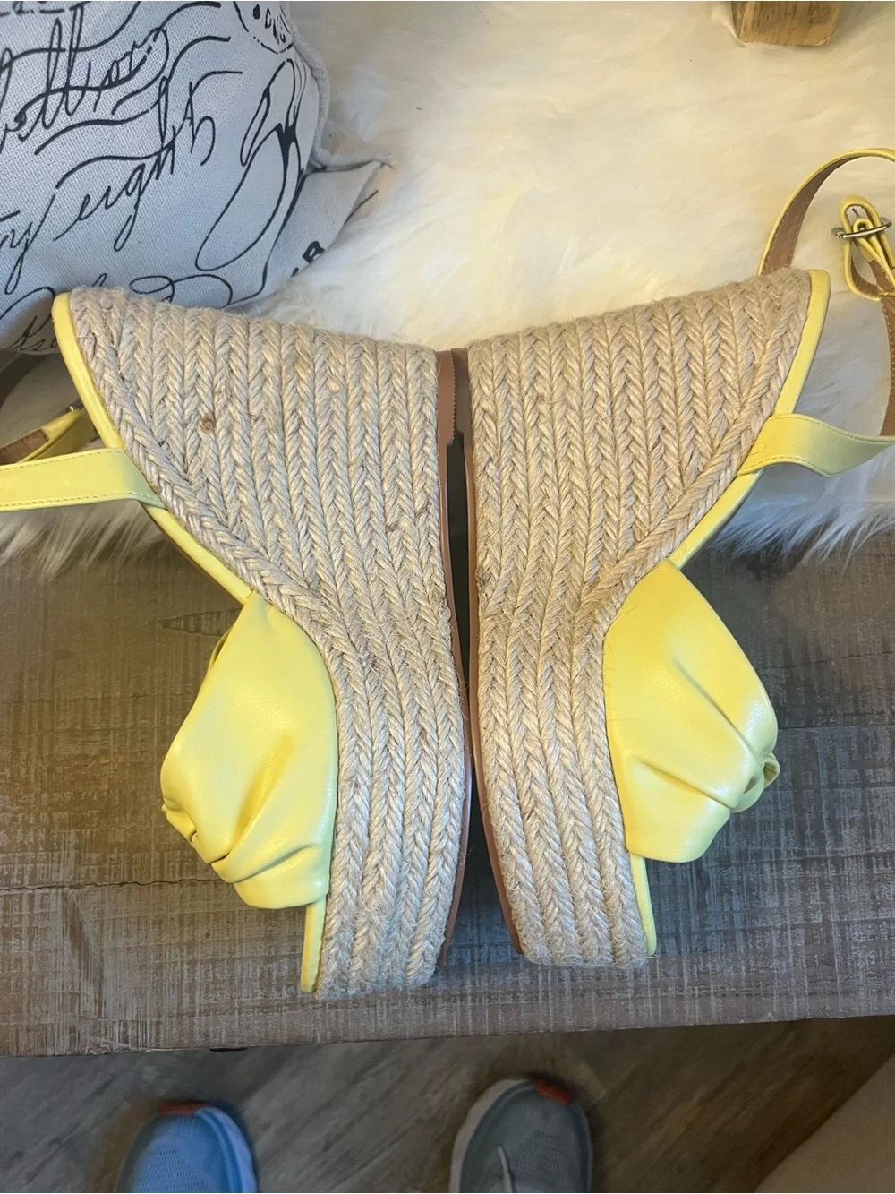 Yellow soft leather Knot Espadrille Wedge Sandals with Ankle Strap - Women